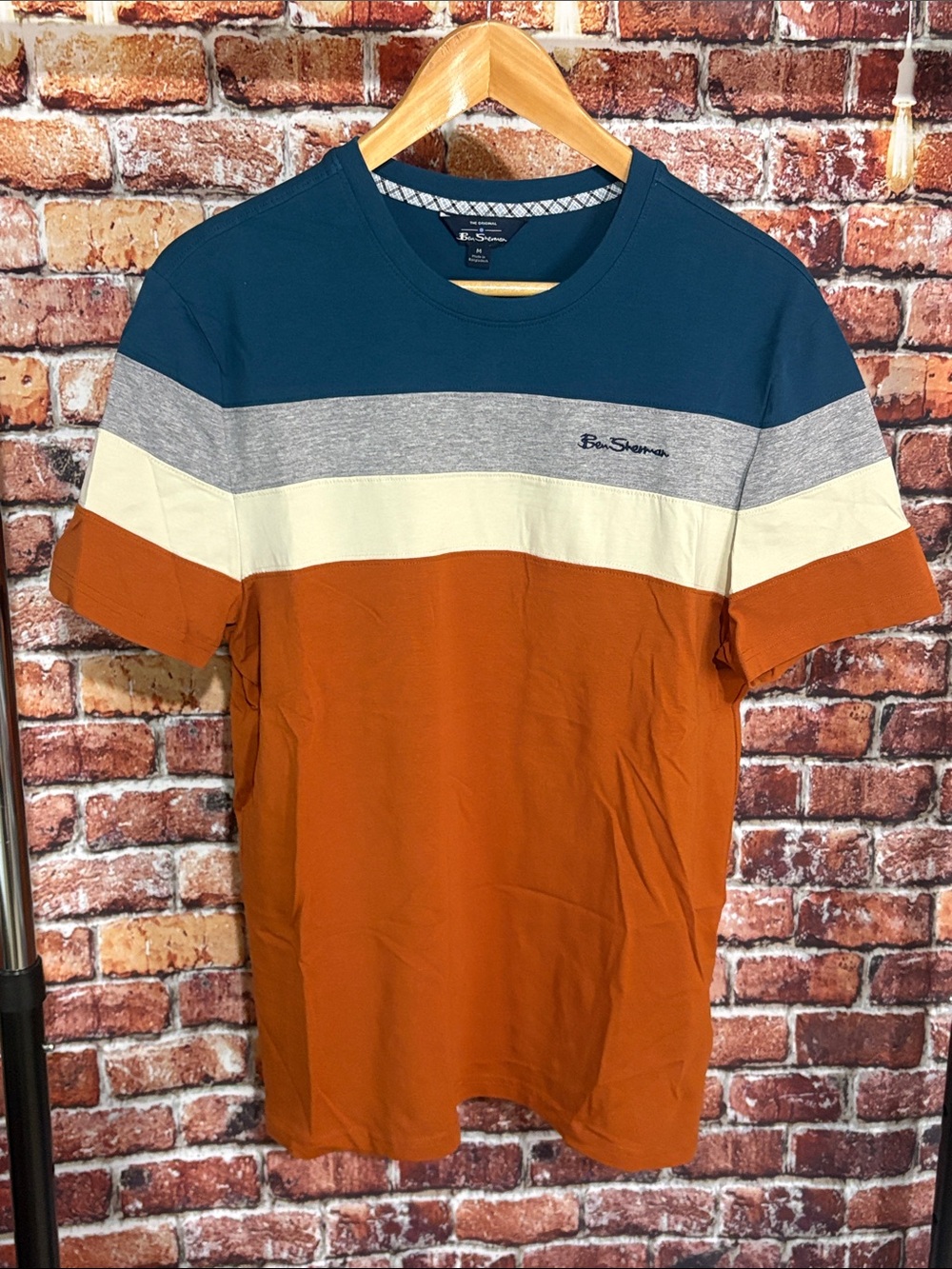 Ben Sherman Short Sleeve Colorblock Tee in Teal Gray Cream Rust men’s medium